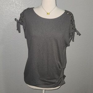 AWU Gray Short Sleeve Top Size Medium. Sleeves Criss Cross Tie Down the Arms.
